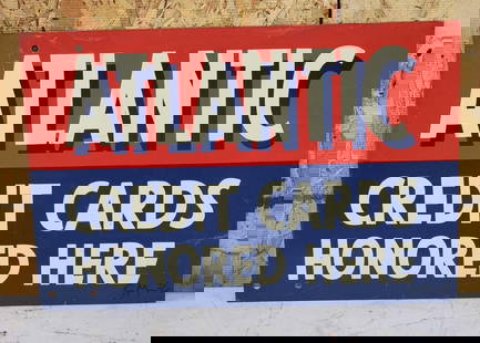 Atlantic Credit Cards Honored Here Metal Sign: rated 8.5, 10&#34;x15&#34;, the DST sign has good color, light wear, minor cease &amp; ink in the lower right-hand corner. This lot can be picked up in Tidioute, PA on September 18 - 22 or this lot ca