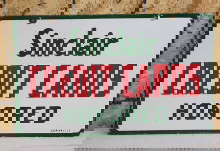 Sinclair Credit Card Honored Porcelain Sign: rated 8.5, 14&#34;x23&#34;, the DSP sign has good color and gloss, has light wear and a few fine scratches on both sides. This lot can be picked up in Tidioute, PA on September 18 - 22 or this lot can
