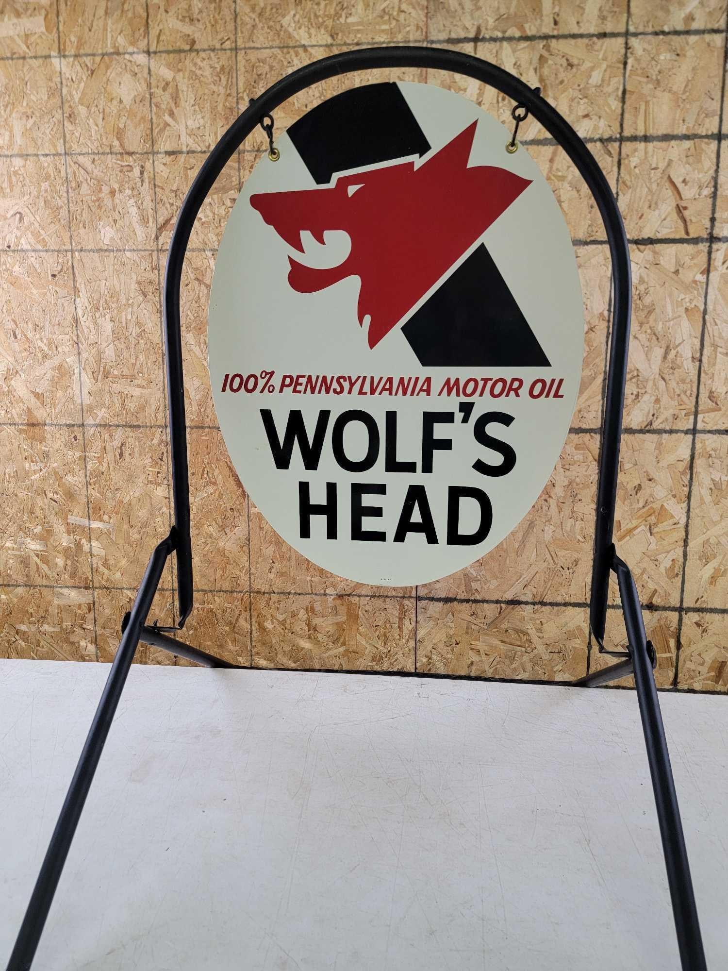 Wolf's Head "100% Pennsylvania Motor Oil" Metal Curb Sign (1 of 4)
