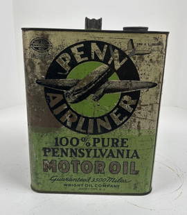 Penn Airliner Motor Oil Two-Gallon Rectangle Metal Can: rated 6.5, is empty, has wear and soiling. This lot can be picked up in Tidioute, PA on September 18 - 22 or this lot can be taken back to our facility to be shipped.