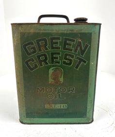 Green Crest Motor Oil Two-Gallon Rectangle Metal Can