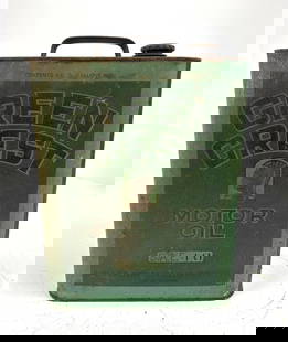 Green Crest Motor Oil Two-Gallon Rectangle Metal Can: rated 7, is empty, has wear and soiling. This lot can be picked up in Tidioute, PA on September 18 - 22 or this lot can be taken back to our facility to be shipped.