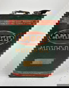 Amoco Motor Oil One-Gallon Square Metal Can: rated 7.25, is empty, has light wear and dings. This lot can be picked up in Tidioute, PA on September 18 - 22 or this lot can be taken back to our facility to be shipped.
