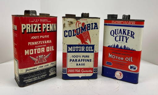 3-Five Quart Rectangle Metal Cans: rated 7 to 7.5, all are empty, all have light wear and fine scratches. Quaker City, Columbia &amp; Prize Penn. This lot can be picked up in Tidioute, PA on September 18 - 22 or this lot can be taken b