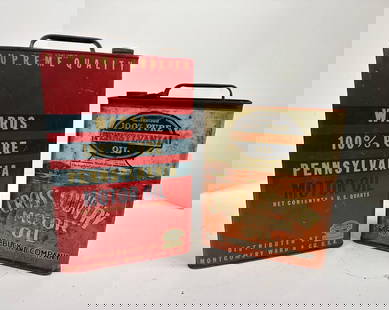 Wards & Cross Country Motor Oil Metal Flat Cans: Cross Country has heavy wear rated 4, other is rated 8, both are empty. This lot can be picked up in Tidioute, PA on September 18 - 22 or this lot can be taken back to our facility to be shipped.