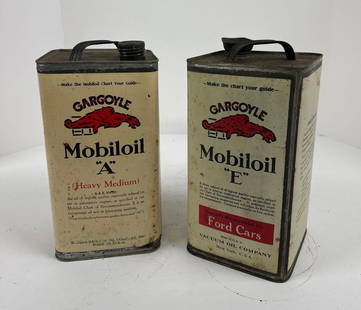 2-Mobiloil Motor Oil "E" & "A" One Gallon Square Metal Cans: rated 8, both are empty, both have light wear, the Ford has minor staining on back. This lot can be picked up in Tidioute, PA on September 18 - 22 or this lot can be taken back to our facility to be s