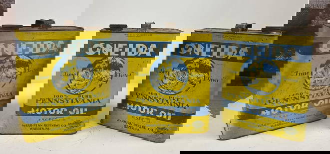 3-Oneida Motor Oil w/logo Two-Gallon Rectangle Metal Cans: rated 7, all are empty, all have some wear and fine scratches. This lot can be picked up in Tidioute, PA on September 18 - 22 or this lot can be taken back to our facility to be shipped.