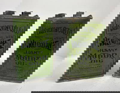 Valvoline Light & Heavy Motor Oil One-Gallon Rectangle Metal Cans: Light is rated 6 has heavy wear, other has a little less wear, both are empty. This lot can be picked up in Tidioute, PA on September 18 - 22 or this lot can be taken back to our facility to be shippe