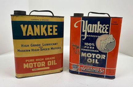 2-Different Yankee Motor Oil Two-Gallon Rectangle Metal Cans