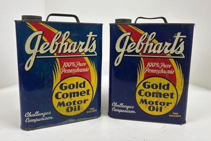 2-Gebhart's Motor Oil Two-Gallon Rectangle Metal Cans