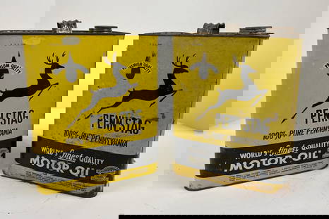 2-Penn Stag Motor Oil Two-Gallon Rectangle Metal Cans: rated 7 &amp; 8, both are empty, one has more wear and soiling than the other. This lot can be picked up in Tidioute, PA on September 18 - 22 or this lot can be taken back to our facility to be shippe