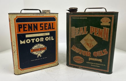 Real Penn & Penn Seal Motor Oil Two-Gallon Rectangle Metal Cans