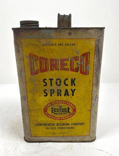 Coreco Stock Spray One Gallon Rectangle Metal Can: rated 7, is empty, has wear and soiling. This lot can be picked up in Tidioute, PA on September 18 - 22 or this lot can be taken back to our facility to be shipped.