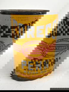 Coreco Motor Oil Five Quart Round Metal Can: rated 7.75, is full, has wear around the base. This lot can be picked up in Tidioute, PA on September 18 - 22 or this lot can be taken back to our facility to be shipped.