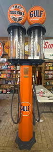 Bekins Reproduction Double Ten Gallon Visible Gas Pump: in good condition, 105&#34;T., has plastic cylinders, comes with two reproduction Gulf globes, 2-black hoses and nozzles. This Lot must be picked up in Tidioute, PA on September 18 - 22.