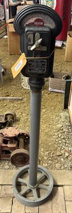 Art Deco Style Parking Meter: rated 7, 50&#34;T., does not take quarters. This Lot must be picked up in Tidioute, PA on September 18 - 22.