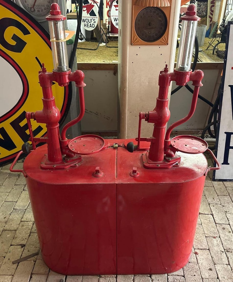Tokheim Double Lubster w/Glass Cylinders: restored, 57"x42"x20", is missing its wheels, glass cylinders are good. This Lot must be picked up in Tidioute, PA on September 18 - 22.