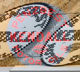 Kendall Penzbest Motor Oil Porcelain SIgn: rated 7.25 & 7, 23.75", the DSP sign has good color and some gloss, has wear and chips in the field around the perimeter, metal loss at one mounting hole, revers has more wear. This lot can be