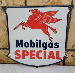 Mobilgas Special w/Pegasus Porcelain Pump Sign: rated 8.25, 12&#34;x12.5&#34;, the SSP shield-shaped sign has good color and some gloss, chips at the mounting holes, marked I.R., dated 1947. This lot can be picked up in Tidioute, PA on September 18