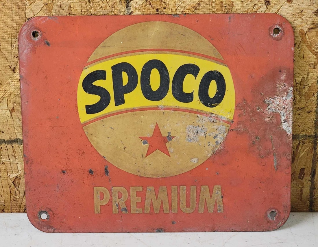 SPOCO Premium Metal Pump Sign: rated 6, 9"x11", the SST sign has wear, soiling and paint loss. This lot can be picked up in Tidioute, PA on September 18 - 22 or this lot can be taken back to our facility to be shipped.