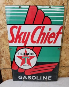 Texaco (white-T) Sky Chief Gasoline Porcelain Pump Sign