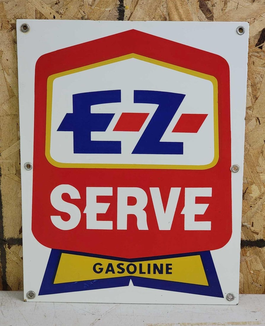E-Z Serve Gasoline Porcelain Pump SIgn: Rated 9, 18"x14", the SSP sign has excellent color and gloss. This lot can be picked up in Tidioute, PA on September 18 - 22 or this lot can be taken back to our facility to be shipped.