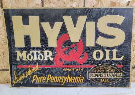 HyVis Motor Oil w/Logo Metal Tacker Sign: rated 5.5, 16.75&#34;x25.75&#34;, the SST embossed tacker sign has heavy paper marks and wear, marked American Art Works. This lot can be picked up in Tidioute, PA on September 18 - 22 or this lot can