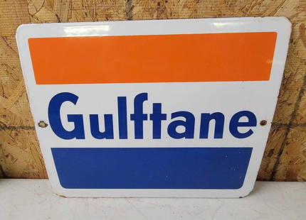 Gulftane Porcelain Pump Sign: rated 9, 8.5&#34;x11.5&#34;, the SSP diecut sign, has good color and gloss, field is clean, has wear around the perimeter. This lot can be picked up in Tidioute, PA on September 18 - 22 or this lot ca