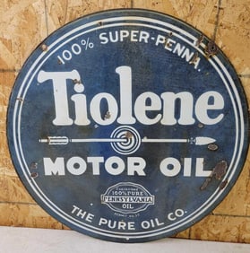 Pure Tiolene Motor Oil w/Arrow Logo Porcelain Sign (TAC)