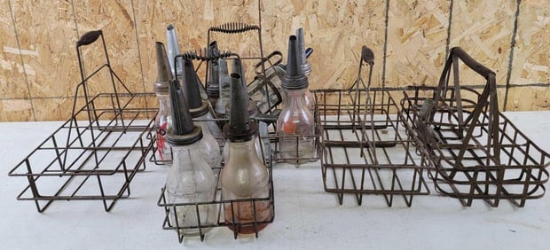 Large Lot of Oil Bottles and Wire Racks