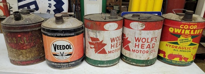 5-Five Gallon Round Metal Motor Oil Cans