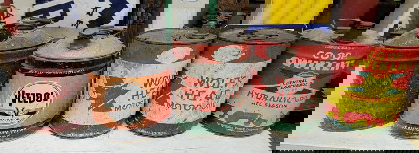 5-Five Gallon Round Metal Motor Oil Cans: rated 5 to 7, all are empty. This Lot must be picked up in Tidioute, PA on September 18 - 22.