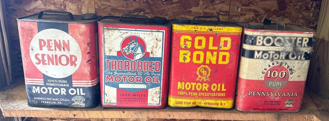 4-Two-Gallon Rectangle Metal Motor Oil Cans: rated 5 to 7, all are empty. This Lot must be picked up in Tidioute, PA on September 18 - 22.