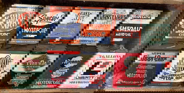 10 Two-Gallon Rectangle Metal Motor Oil Cans: rated 5 to 8, all are empty. This Lot must be picked up in Tidioute, PA on September 18 - 22.