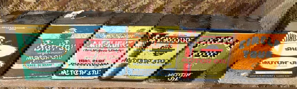 5 Two-Gallon Rectangle Metal Motor Oil Cans: rated 5 to 7, all are empty. This Lot must be picked up in Tidioute, PA on September 18 - 22.