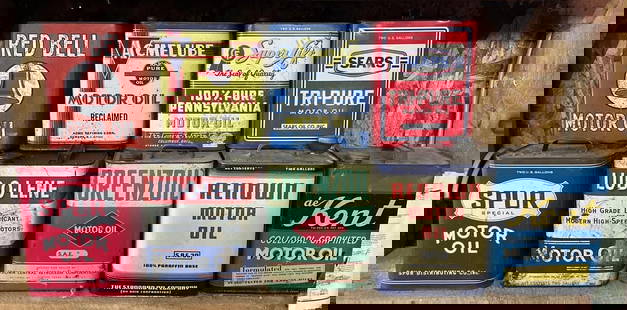 9 Two-Gallon Rectangle Metal Motor Oil Cans: rated 5 to 8, all are empty. This Lot must be picked up in Tidioute, PA on September 18 - 22.