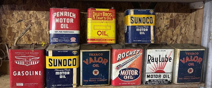 9 Two Gallon Rectangle Metal Motor Oil Cans