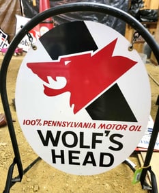 Wolf's Head "100% Pennsylvania Motor Oil" Metal Curb Sign