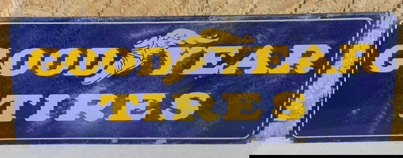 Goodyear Tires w/Logo Porcelain Sign: rated 6.5, 22&#34;x65&#34;, the SSP sign has fading and wear. This Lot must be picked up in Tidioute, PA on September 18 - 22.