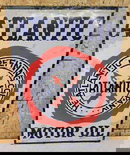Atlantic Motor Oil w/Fried Egg Logo Porcelain SIgn: rated 6.5, 52&#34;x35.5&#34;, the SSP sign has good color, has numerous large touched up chips. This lot can be picked up in Tidioute, PA on September 18 - 22 or this lot can be taken back to our faci
