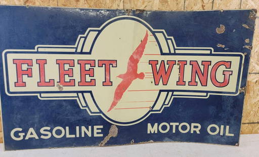 Fleet-Wing Gasoline Motor Oil w/Logo Porcelain Sign: rated 6.5, 37&#34;x64&#34;, the DSP sign, display has chips, wear, faded areas, is wavy, reverse has major damage, see the photos. This Lot must be picked up in Tidioute, PA on September 18 - 22.