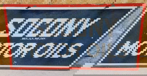 Socony Motor Oil Porcelain Sign: rated 7 &amp; 7.5, 18&#34;x36&#34;, the DSP sign has good gloss, blue is a bit hazy, display has a few chips, reverse has more. This lot can be picked up in Tidioute, PA on September 18 - 22 or this l