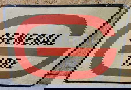 General Tire w/Logo Metal Sign: rated 6.75&#34;, 24&#34;x36&#34;, the DST sign has wear and is yellowed. This lot can be picked up in Tidioute, PA on September 18 - 22 or this lot can be taken back to our facility to be shipped.