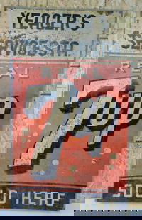 Real 7up Sold Here Metal Sign: rated 5.5, 59&#34;x39&#34;, the SST rolled edge wood framed sign has heavy wear, scratches and soiling. This Lot must be picked up in Tidioute, PA on September 18 - 22.