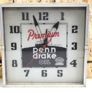 Penn Drake Oil Lighted Clock: rated 9, 15.5&#34;x15.5&#34;x5&#34;, the clock is in good condition, lights up and clock works. This lot can be picked up in Tidioute, PA on September 18 - 22 or this lot can be taken back to our faci