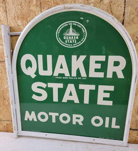 Quaker State Motor Oil Metal Sign w/Flange Bracket: rated 8.25, 29&#34;x26.5&#34;, the DST sign has good color and shine, has fine scratches. This lot can be picked up in Tidioute, PA on September 18 - 22 or this lot can be taken back to our facility t