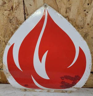 (Standard or Amoco) Porcelain Flame Half SIgn: rated 7.5, 16.5"x16", the SSP flame sign has touched up chips and crazing at the crease. This lot can be picked up in Tidioute, PA on September 18 - 22 or this lot can be taken back to our fac