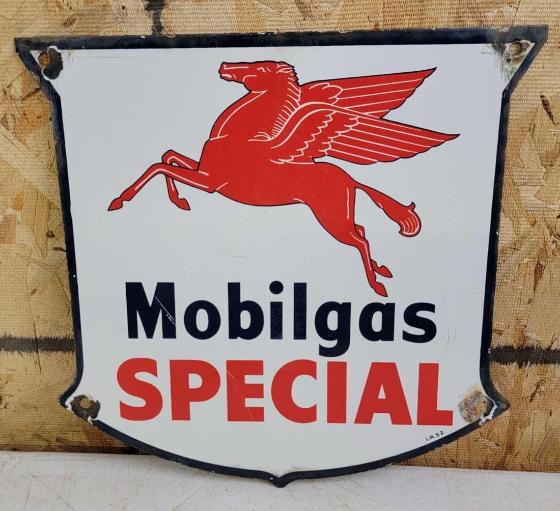 Mobilgas Special w/Pegasus Porcelain Pump Sign: rated 7.75, 12"x12.5", the SSP sign has good color and gloss, has wear and fine scratches, chips at mounting holes, marked I.R. dated 1952. This lot can be picked up in Tidioute, PA on Septemb