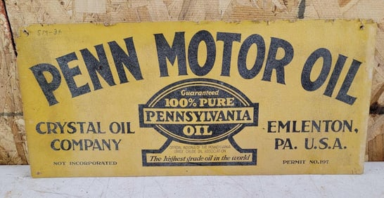 Penn Motor Oil Crystal Oil Company Cardboard Sign