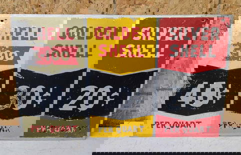 Shell Pricer Metal Sign: rated 6.9, 10.5&#39;x17.5&#34;, the SST sign has wear, fine scratches and over paint. This lot can be picked up in Tidioute, PA on September 18 - 22 or this lot can be taken back to our facility to be